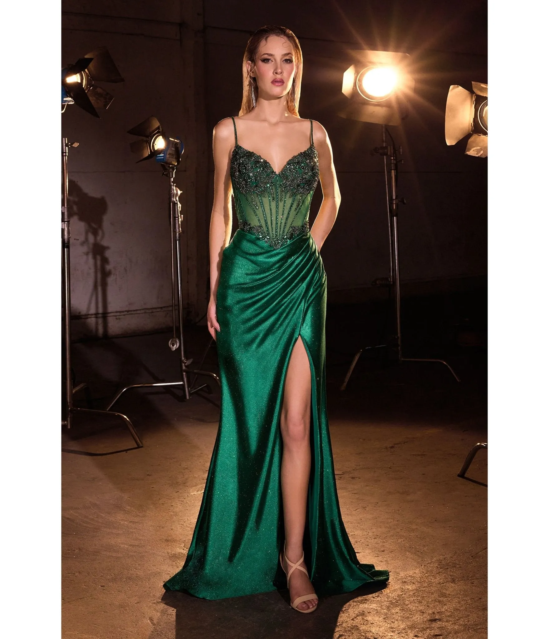 LaDivine by Cinderella Divine Emerald Beaded Satin Sweatheart Neck Gown sold by Unique Vintage