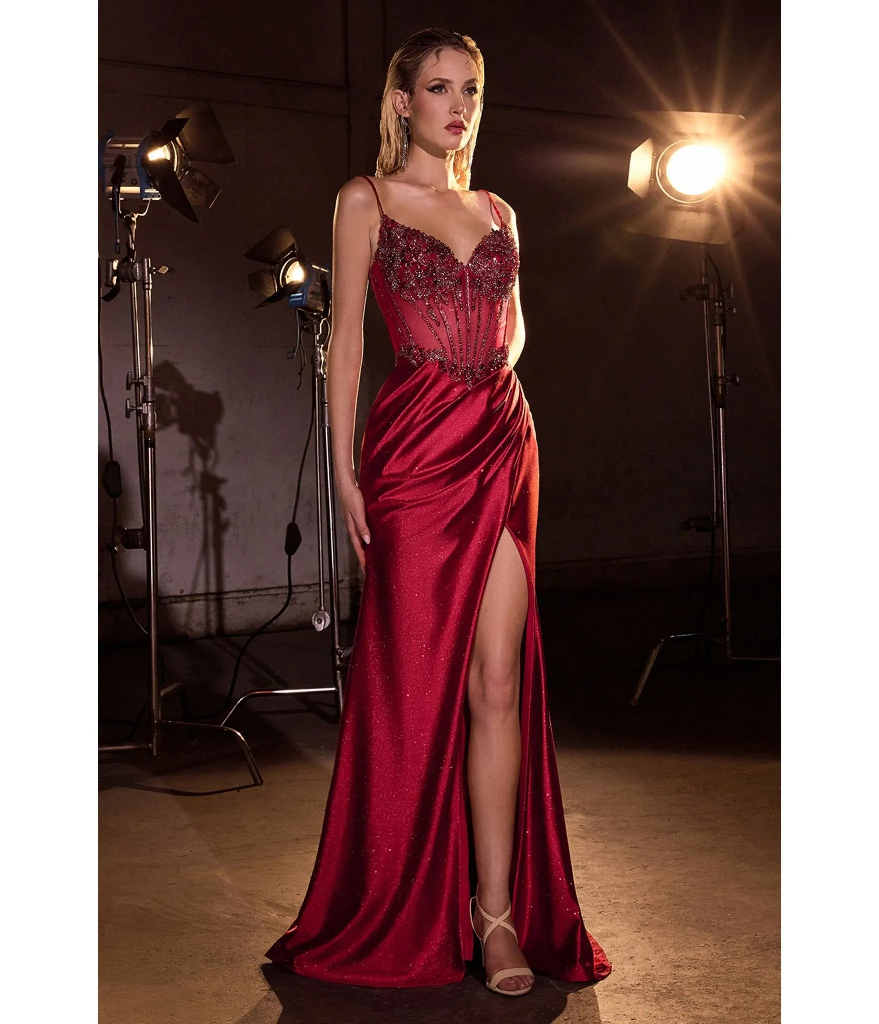 LaDivine by Cinderella Divine Burgundy Beaded Satin Sweatheart Neck Gown sold by Unique Vintage