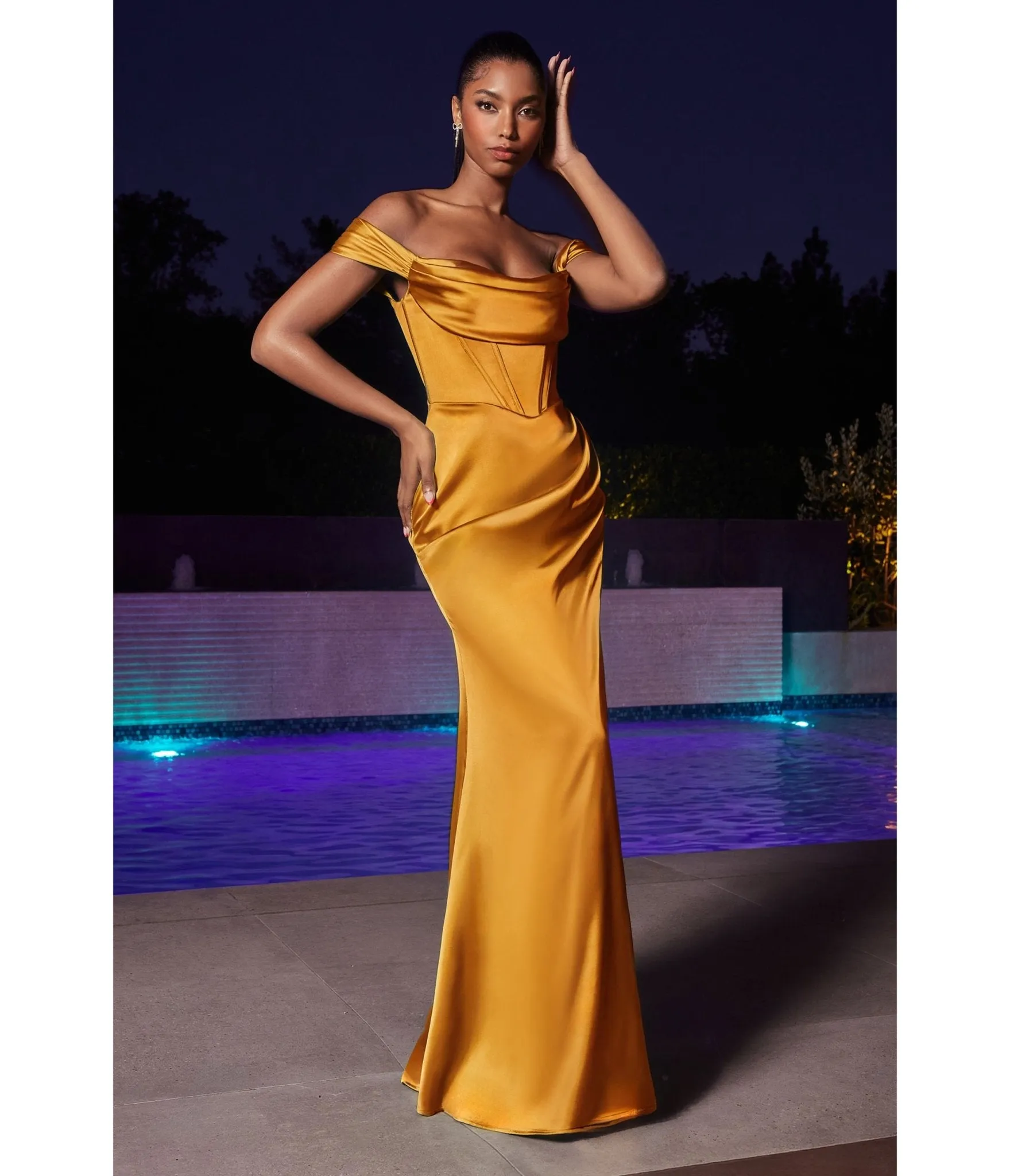 LaDivine by Cinderella Divine Tumeric Gold Satin Off-Shoulder Pleated Neck Gown sold by Unique Vintage