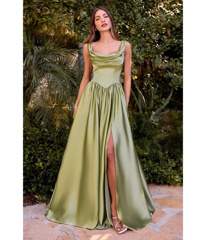 LaDivine by Cinderella Divine Greenery Satin Cowl Neck Gown sold by Unique Vintage