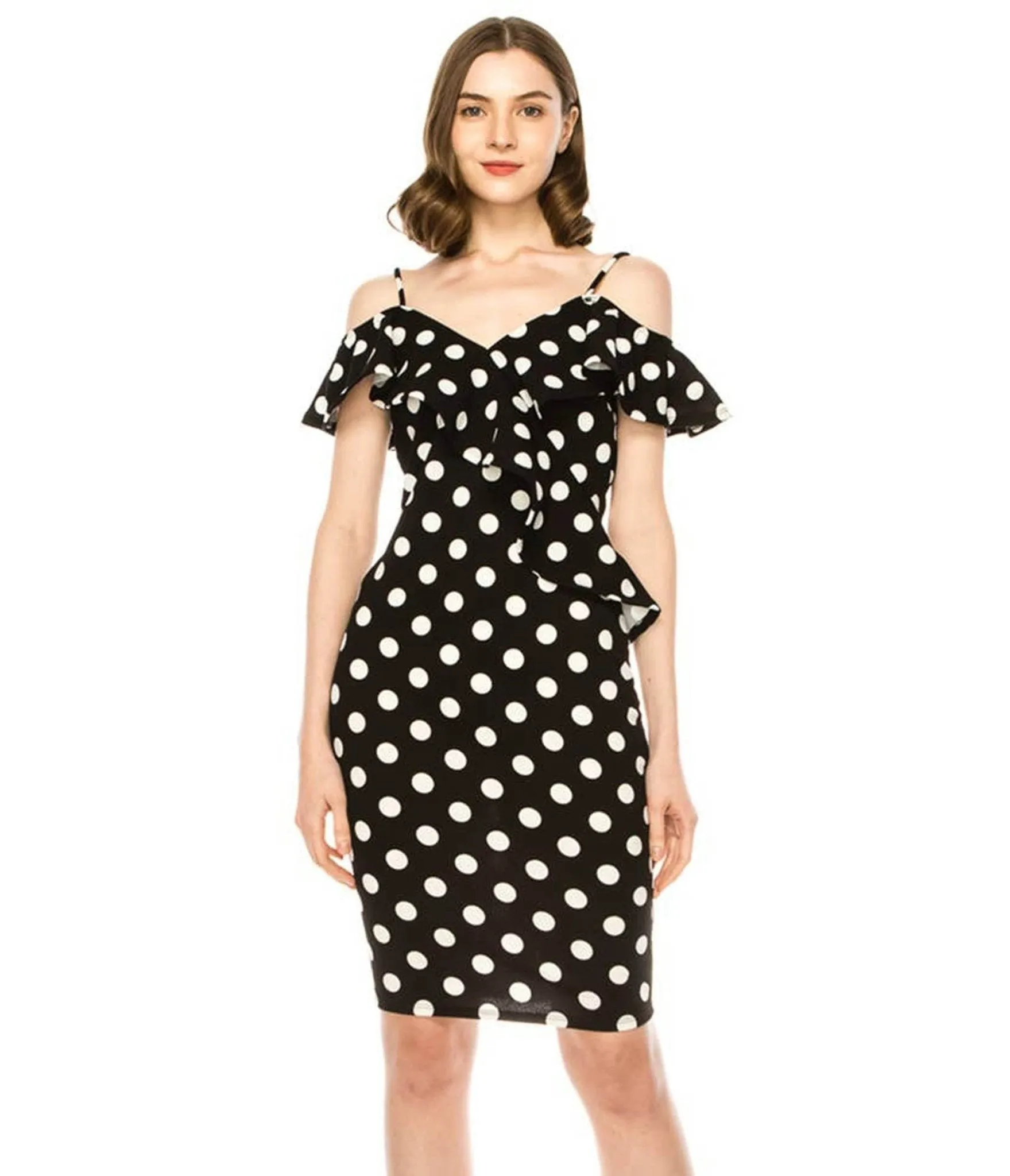 Black Polka Dot Off Shoulder Ruffle Dress sold by Unique Vintage