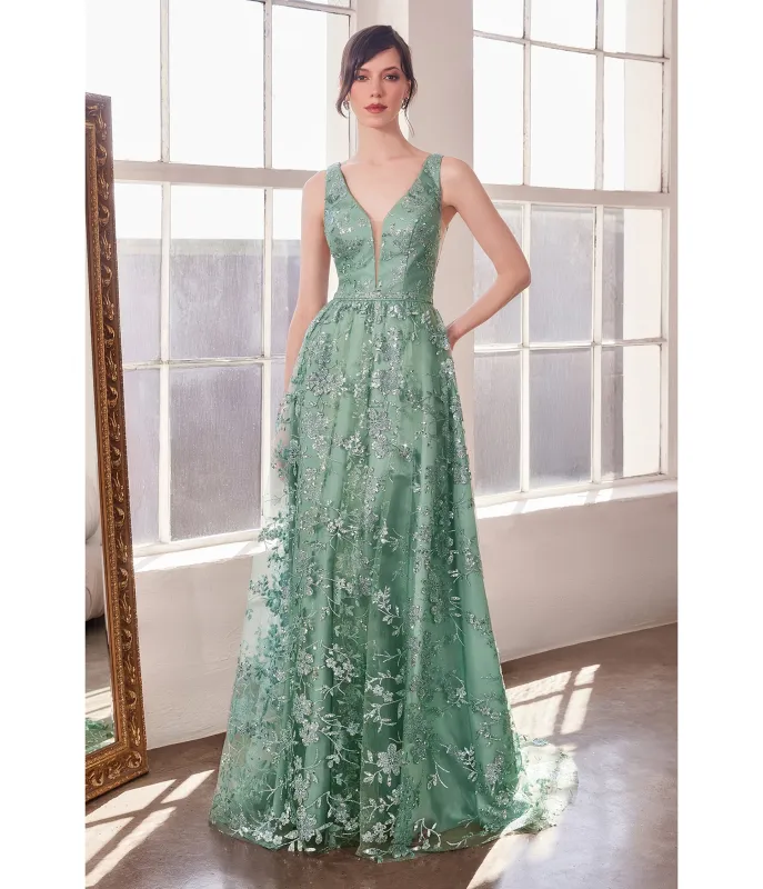 LaDivine by Cinderella Divine Sage Illusion Plunging V-Neck Garden Wedding Gown sold by Unique Vintage