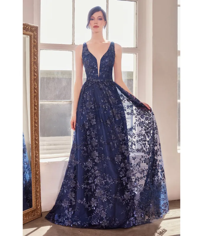 LaDivine by Cinderella Divine Navy Illusion Plunging V-Neck Garden Wedding Gown sold by Unique Vintage