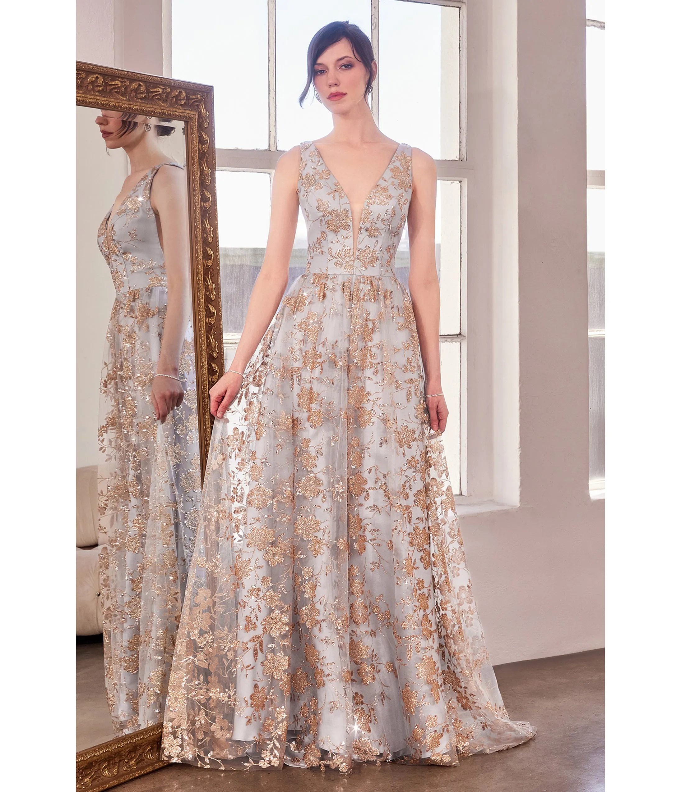 LaDivine by Cinderella Divine Gold Mist Illusion Plunging V-Neck Garden Wedding Gown sold by Unique Vintage