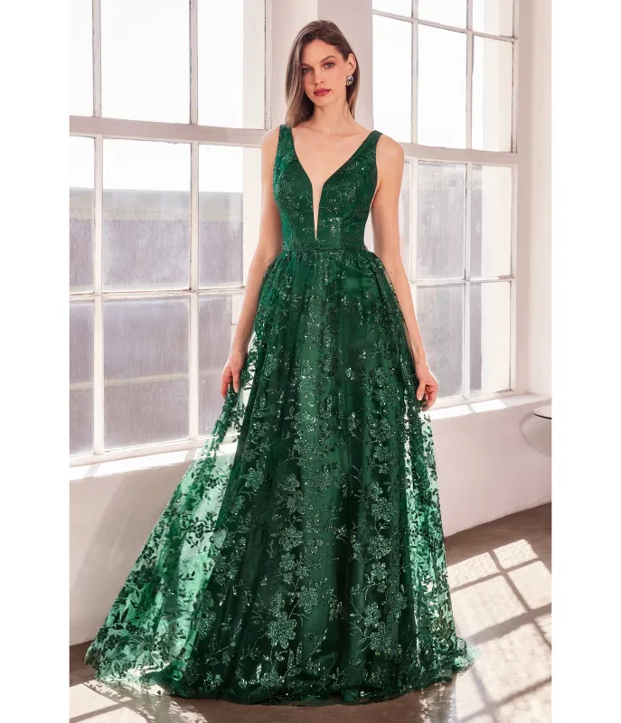 LaDivine by Cinderella Divine Emerald Illusion Plunging V-Neck Garden Wedding Gown sold by Unique Vintage