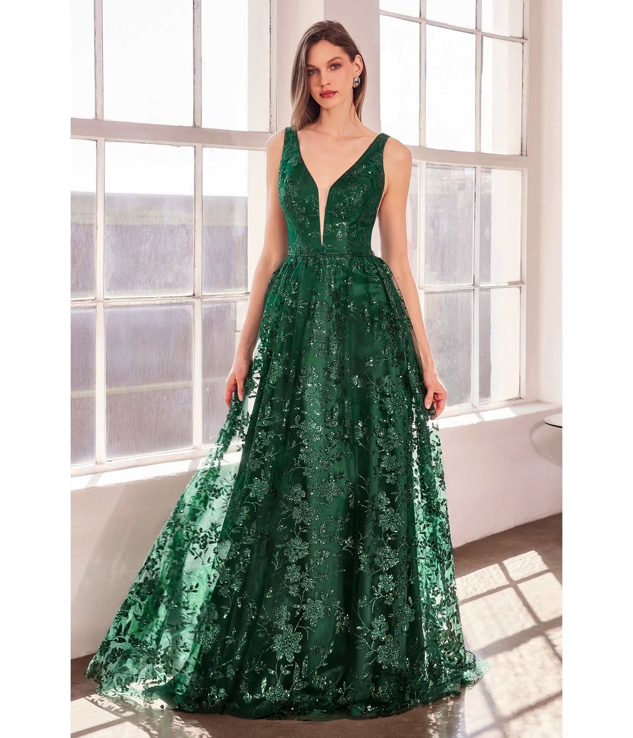 LaDivine by Cinderella Divine Emerald Illusion Plunging V-Neck Garden Wedding Gown sold by Unique Vintage