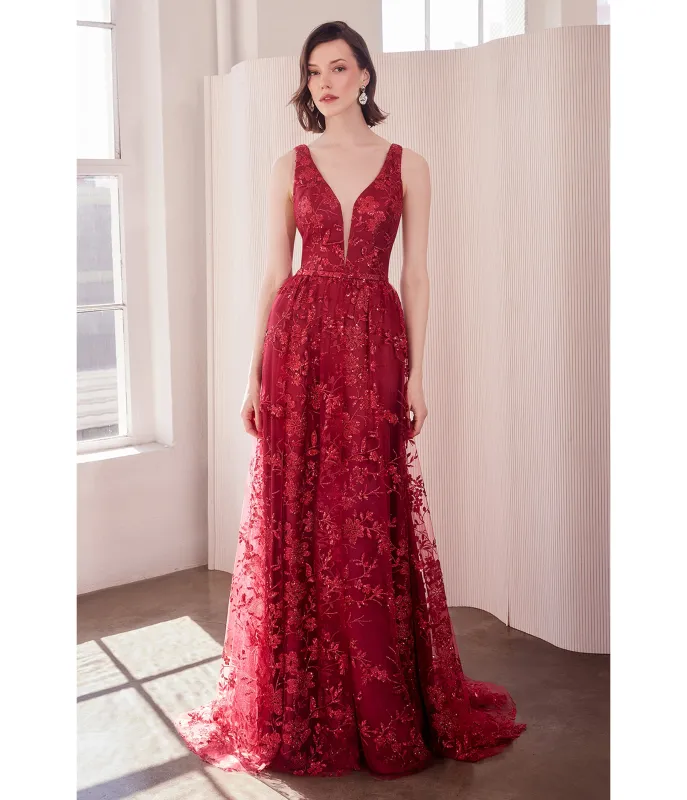 LaDivine by Cinderella Divine Burgundy Illusion Plunging V-Neck Garden Wedding Gown sold by Unique Vintage