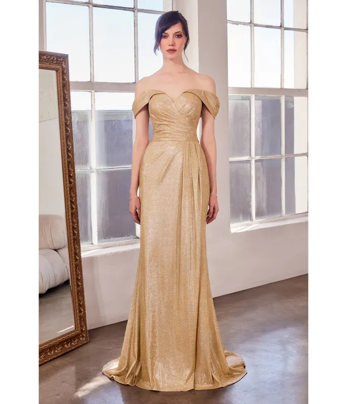 LaDivine by Cinderella Divine Gold Off-Shoulder Ruched Waist Iridescent Mermaid Evening Dress made by Unique Vintage