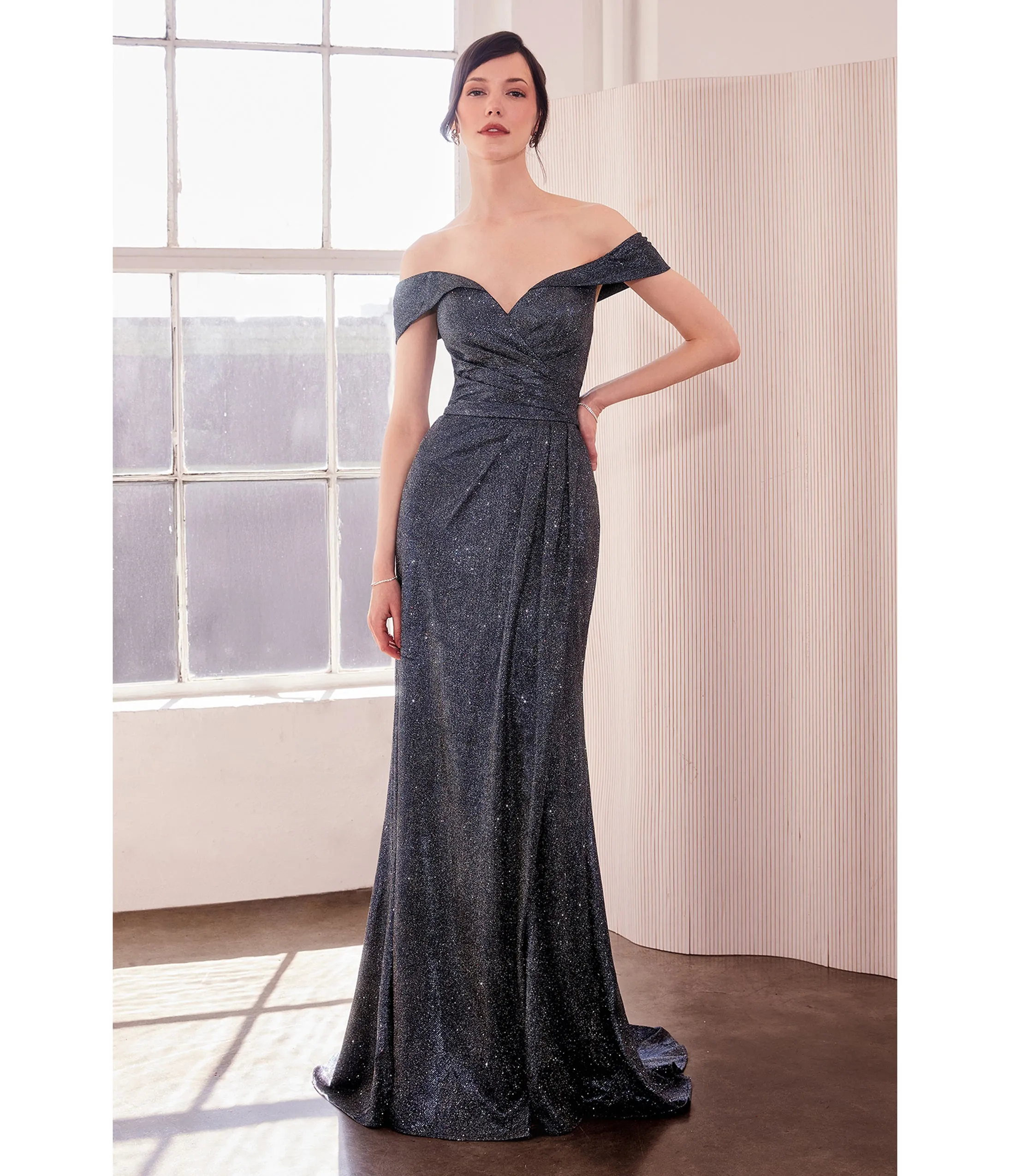 LaDivine by Cinderella Divine Navy Off-Shoulder Ruched Waist Iridescent Mermaid Evening Dress sold by Unique Vintage