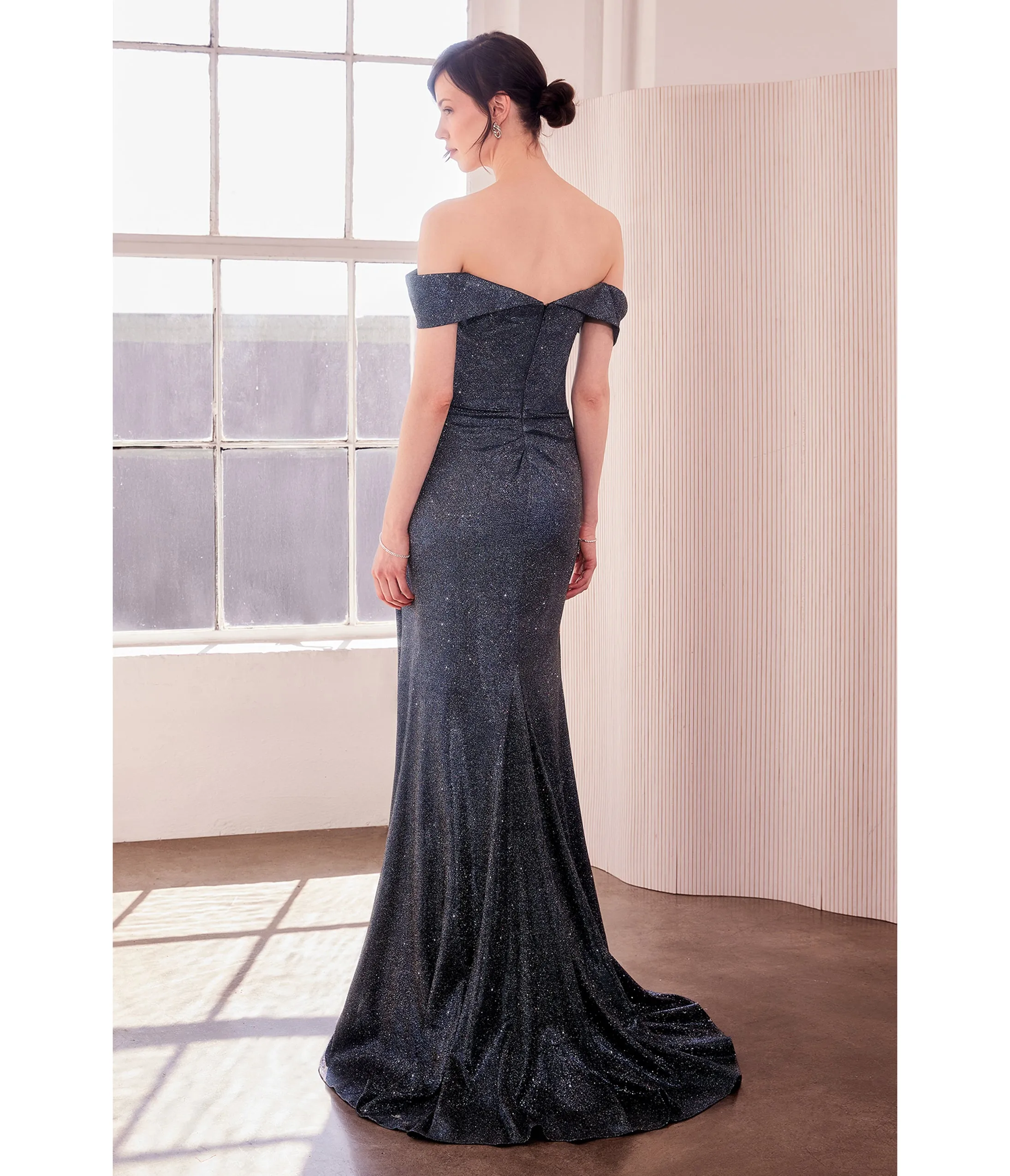 LaDivine by Cinderella Divine Navy Off-Shoulder Ruched Waist Iridescent Mermaid Evening Dress sold by Unique Vintage product image thumbnail 2