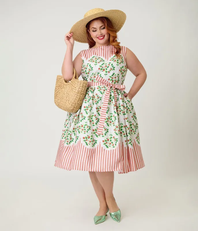Unique Vintage Plus Size Strawberry & Stripe Sleeveless Cotton Swing Dress sold by Unique Vintage