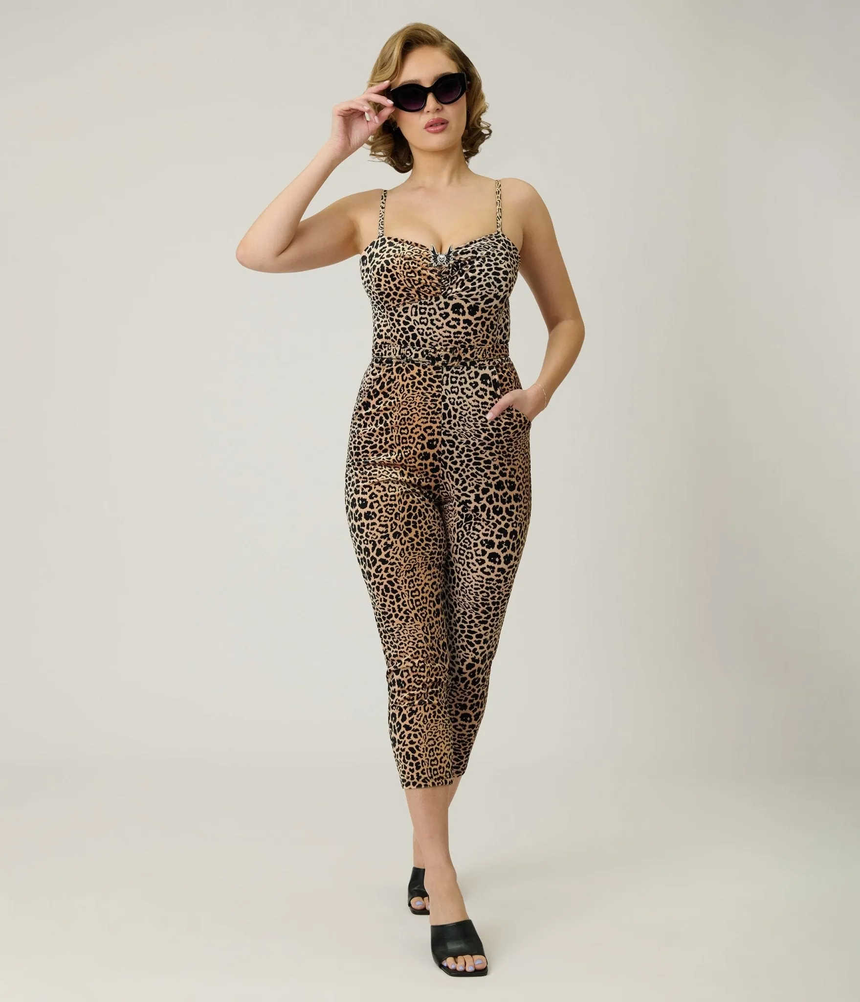 Elvira x Unique Vintage Leopard Print & Skull Pin Belted Velvet Jumpsuit sold by Unique Vintage product image thumbnail 4