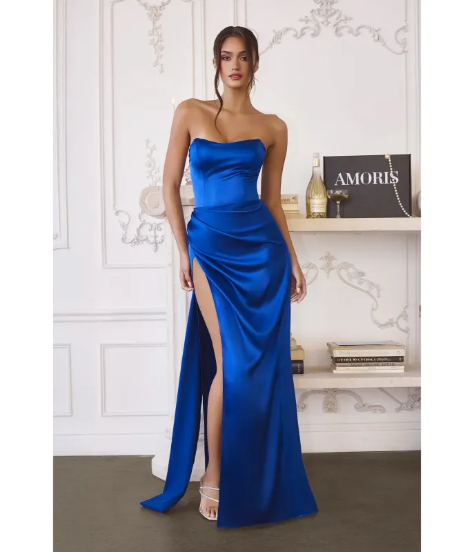 LaDivine by Cinderella Divine Royal Strapless Satin Fitted Gown with Side Sash sold by Unique Vintage