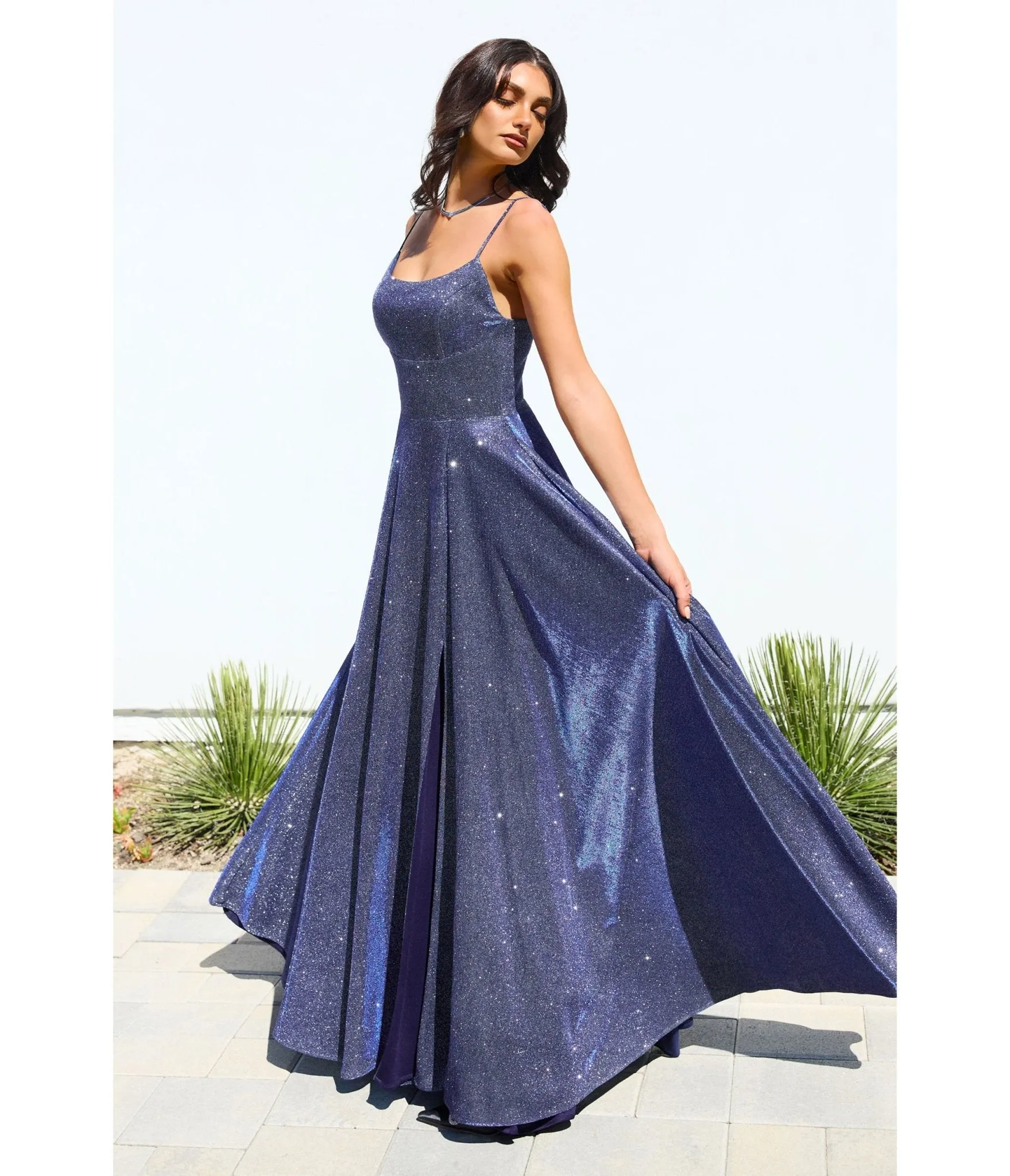 LaDivine by Cinderella Divine Navy Scoop Neck Iridescent Stretch Glitter Prom Gown sold by Unique Vintage product image thumbnail 2