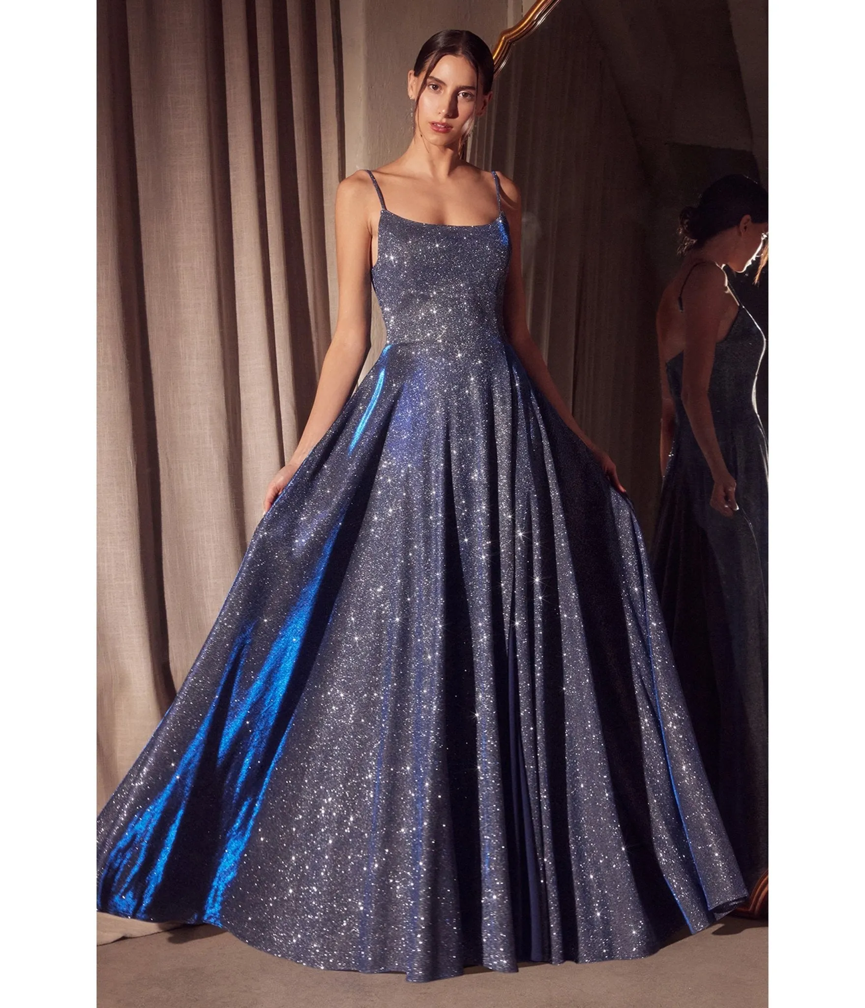 LaDivine by Cinderella Divine Navy Scoop Neck Iridescent Stretch Glitter Prom Gown sold by Unique Vintage