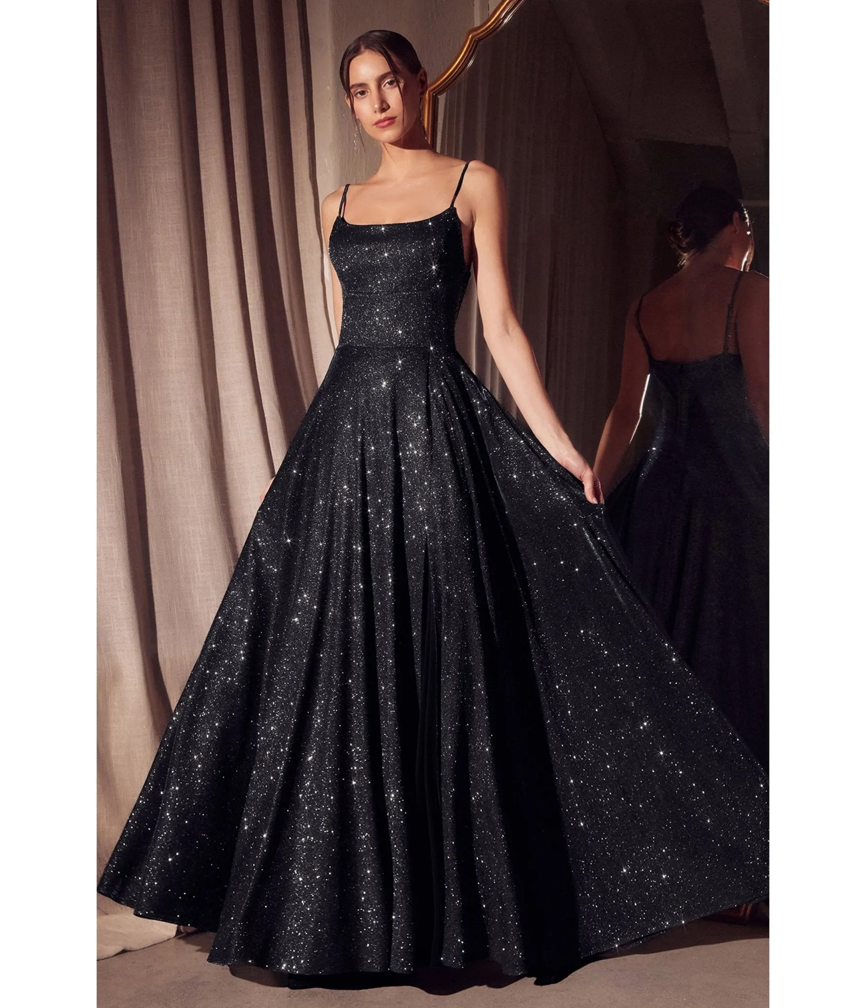 LaDivine by Cinderella Divine Black Scoop Neck Iridescent Stretch Glitter Prom Gown sold by Unique Vintage