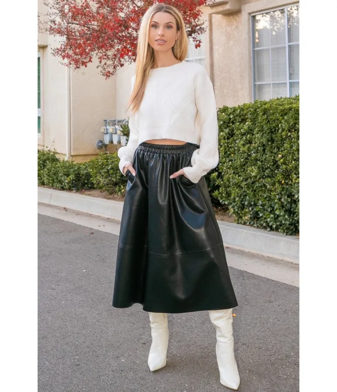 Black Vegan Leather Midi Skirt sold by Unique Vintage