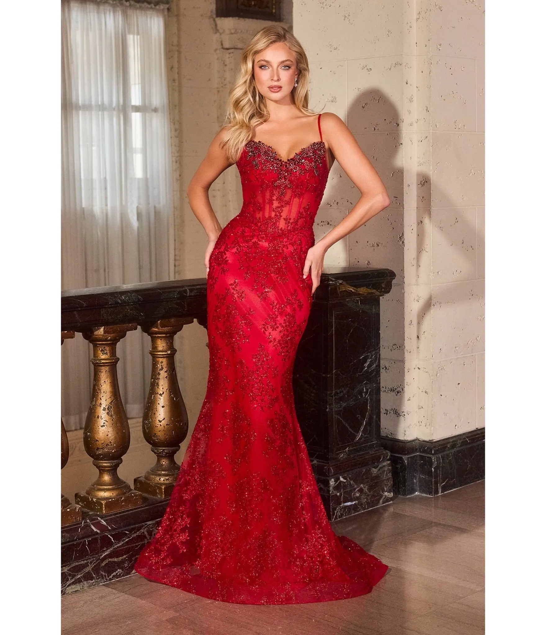 LaDivine by Cinderella Divine Red Sweetheart Neck Beaded Embroidery Gown sold by Unique Vintage