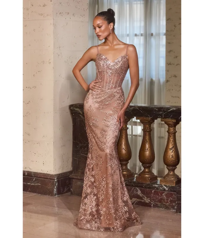 LaDivine by Cinderella Divine Mocha Gold Sweetheart Neck Beaded Embroidery Gown sold by Unique Vintage