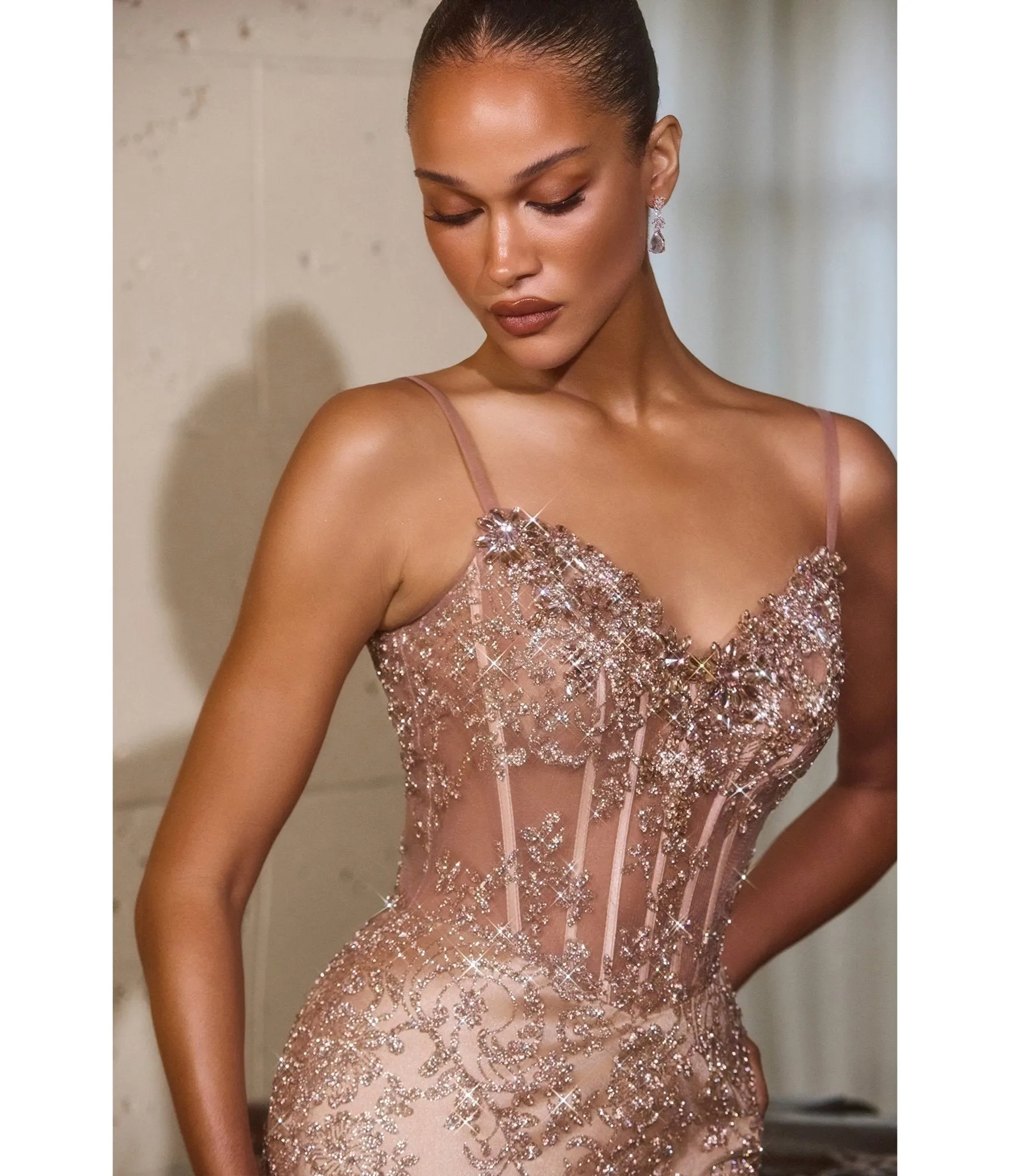 LaDivine by Cinderella Divine Mocha Gold Sweetheart Neck Beaded Embroidery Gown sold by Unique Vintage product image thumbnail 2