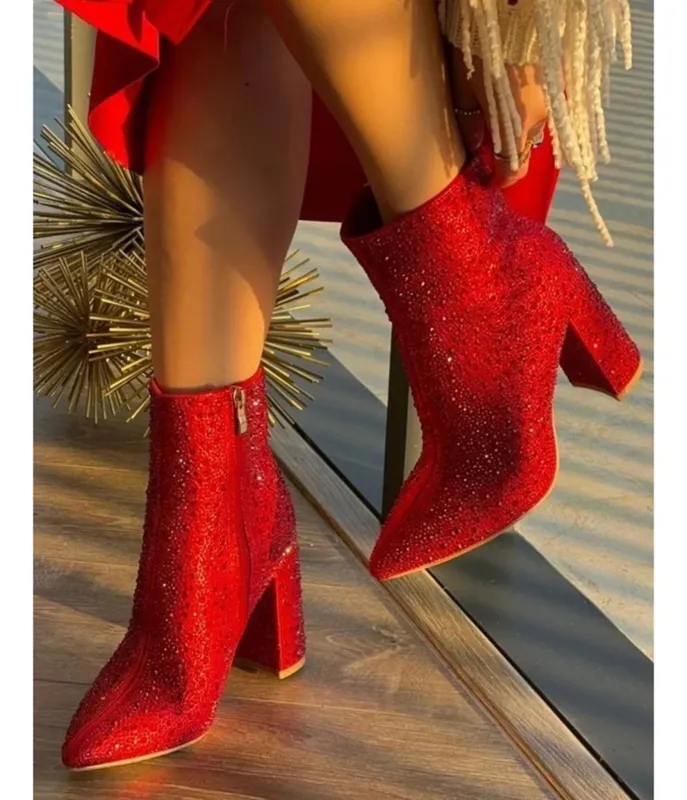 Red Rhinestone Leatherette Ankle Boot sold by Unique Vintage