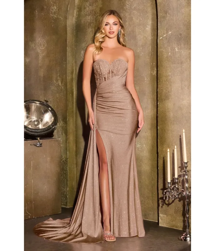 LaDivine by Cinderella Divine Taupe Strapless Sweetheart Neck Evening Gown sold by Unique Vintage