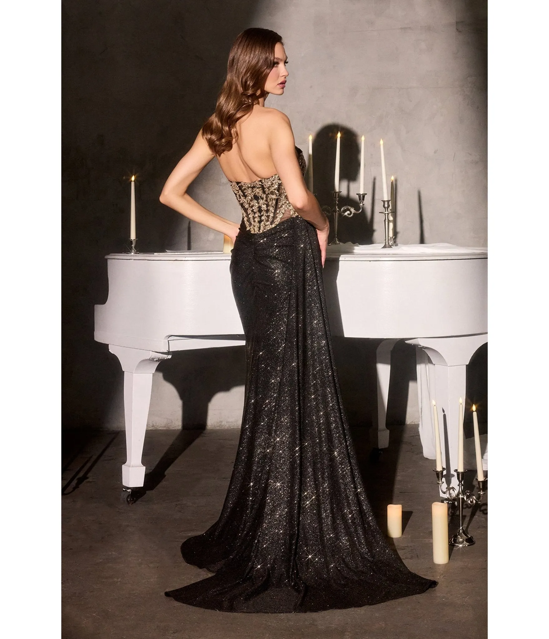 LaDivine by Cinderella Divine Black Gold Strapless Sweetheart Neck Evening Gown sold by Unique Vintage product image thumbnail 2