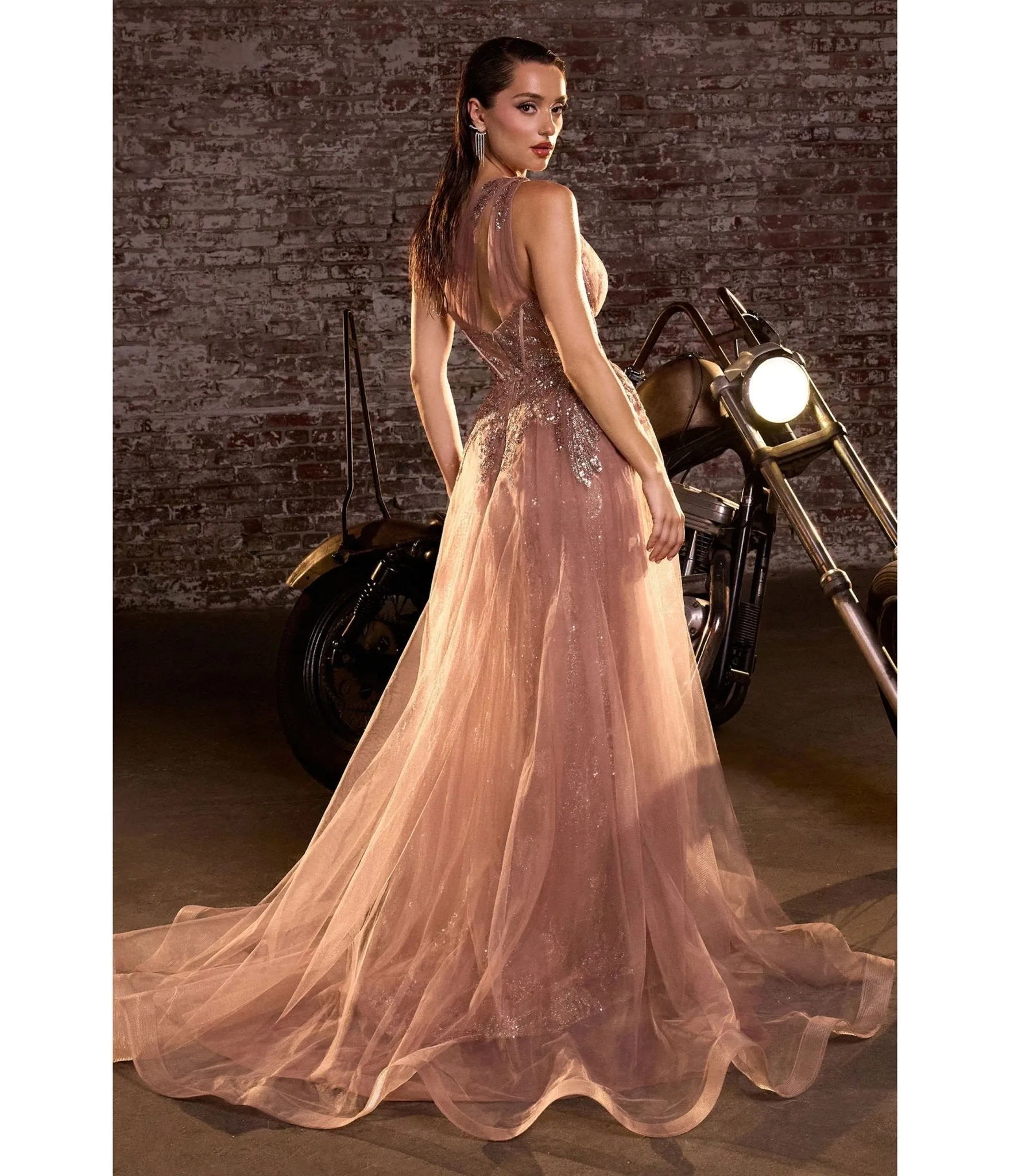 LaDivine by Cinderella Divine Mocha Gold Sequin-Appliqué Mermaid Gown with V-Neck Sheer Bodice sold by Unique Vintage product image thumbnail 2