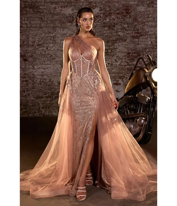 LaDivine by Cinderella Divine Mocha Gold Sequin-Appliqué Mermaid Gown with V-Neck Sheer Bodice sold by Unique Vintage