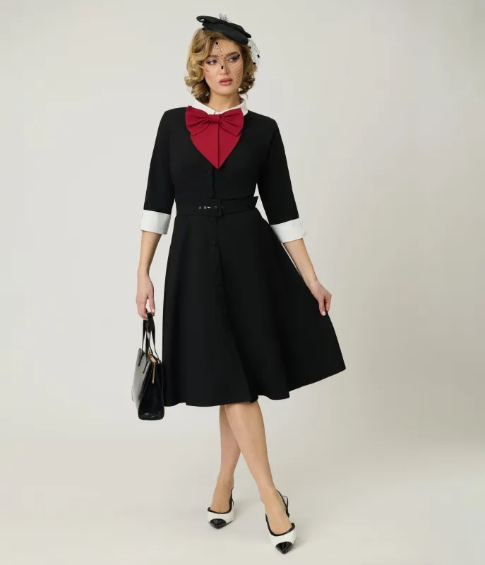 Heart My Closet 1950s Black & Red Bow Lindy Swing Dress sold by Unique Vintage