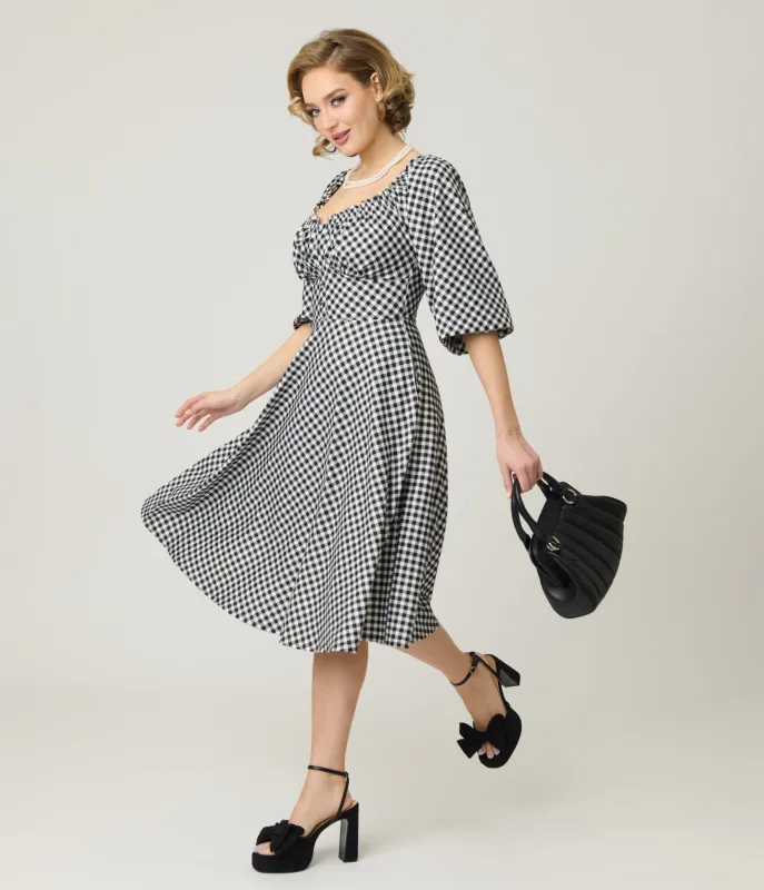 Unique Vintage Black & White Gingham Peasant Sleeve Swing Dress sold by Unique Vintage