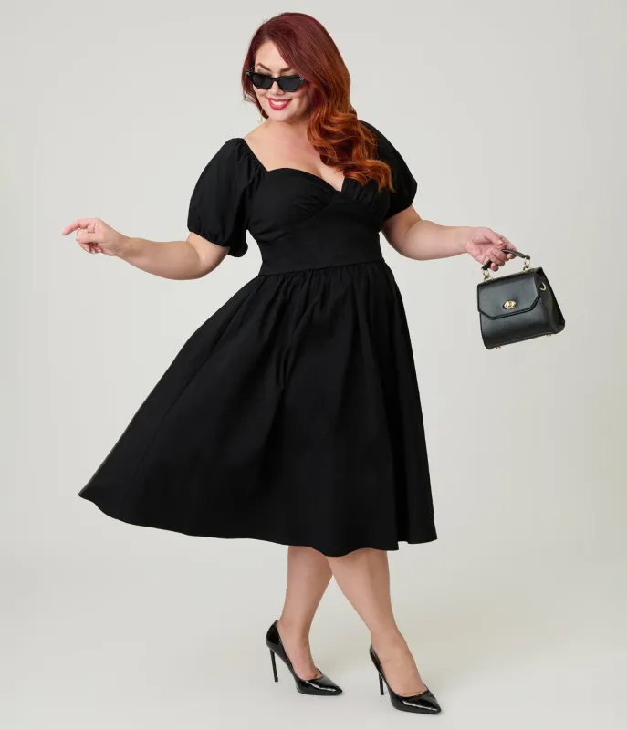 Unique Vintage Plus Size Black Sweetheart Puff Sleeve Swing Dress sold by Unique Vintage