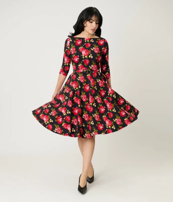 Unique Vintage Black & Red Cabbage Rose Devon Swing Dress sold by Unique Vintage
