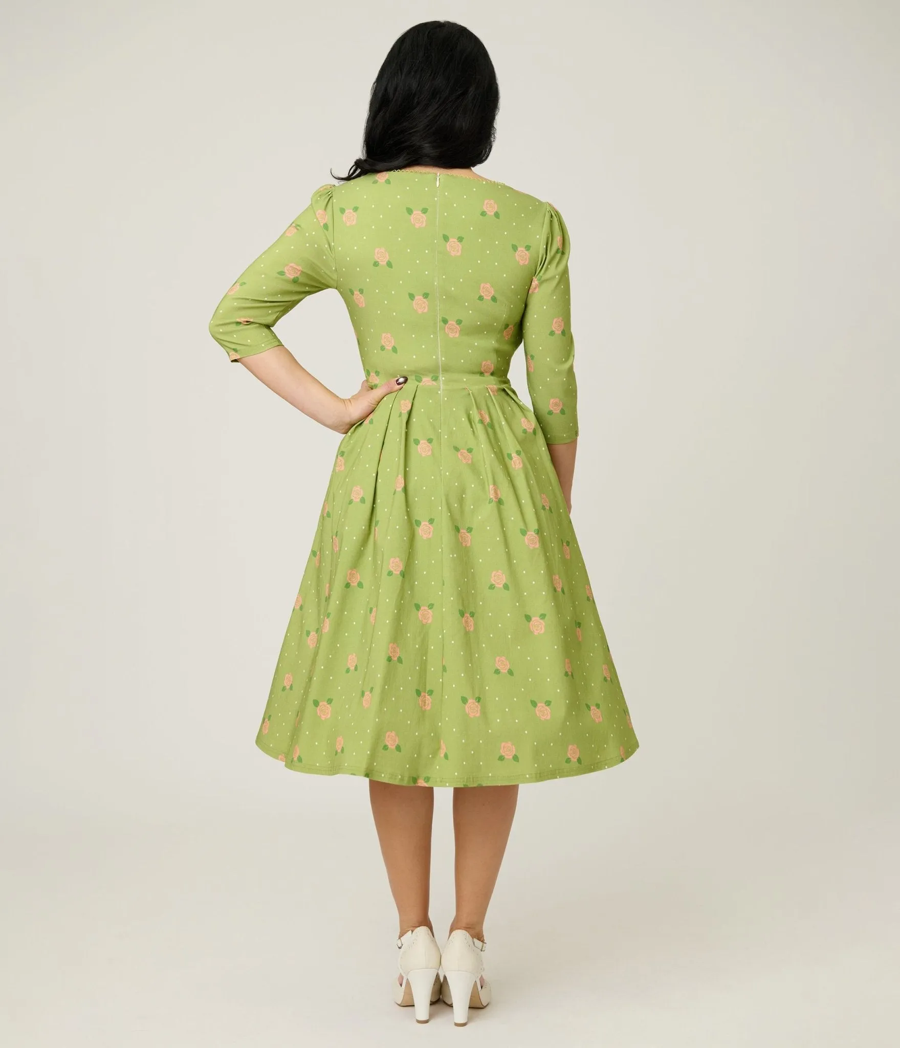 Unique Vintage Chartreuse & Pink Rose Sweetheart Swing Dress sold by Unique Vintage product image thumbnail 2
