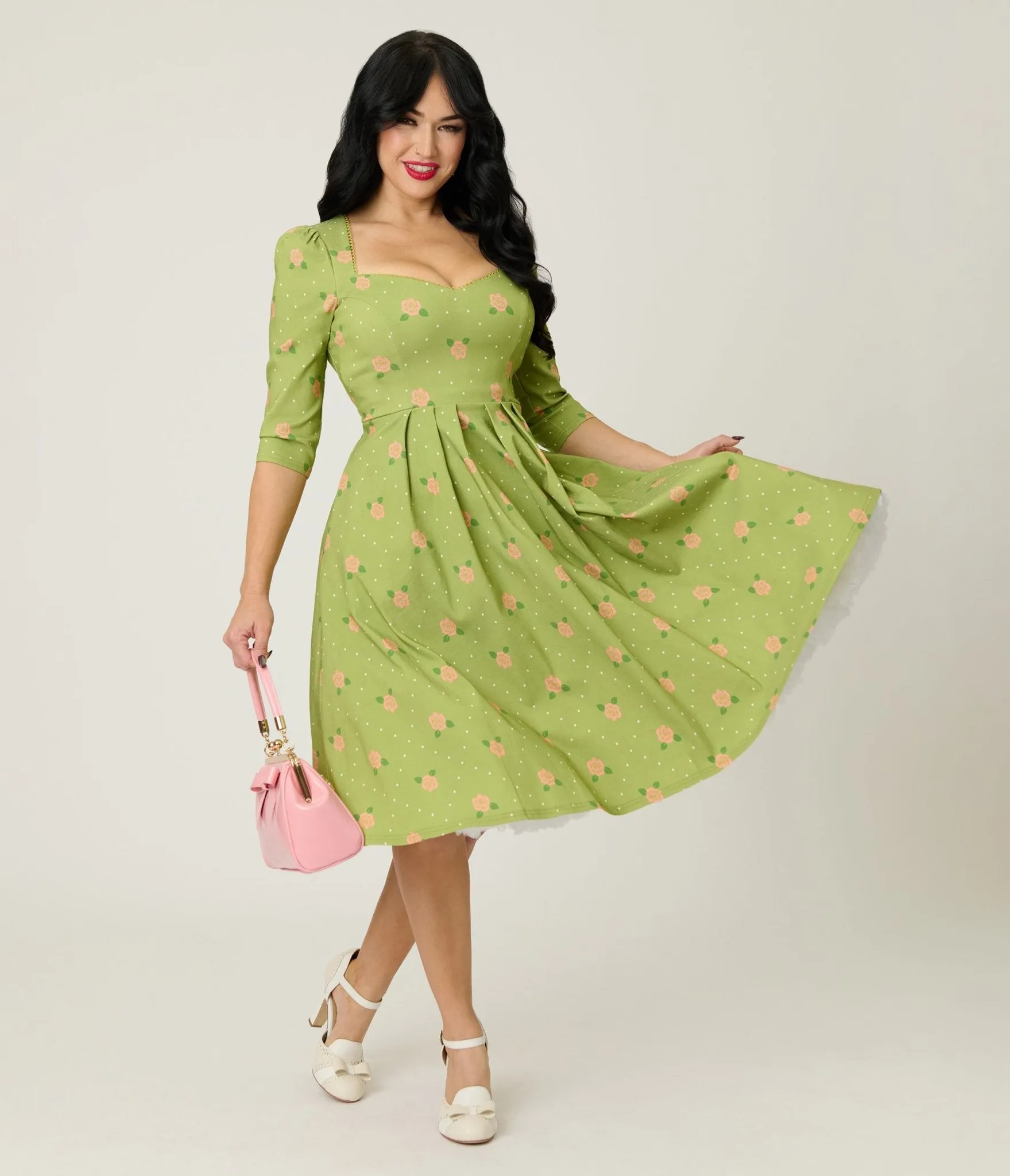 Unique Vintage Chartreuse & Pink Rose Sweetheart Swing Dress sold by Unique Vintage