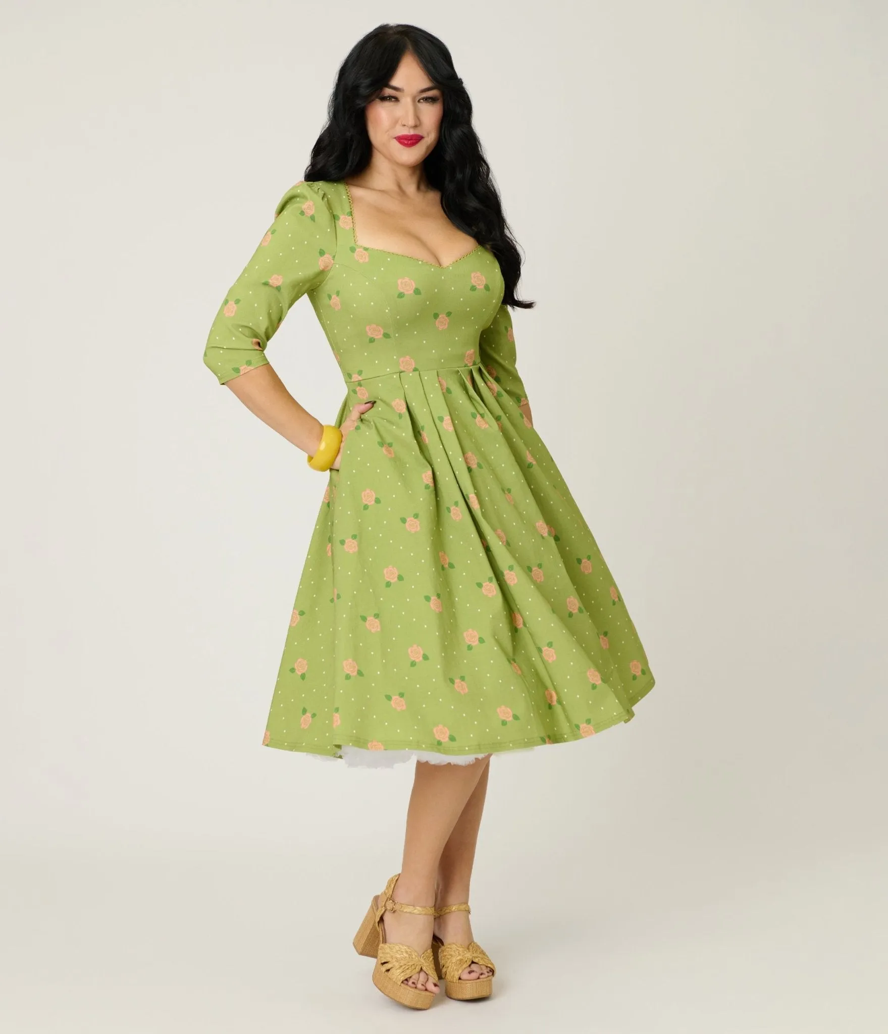 Unique Vintage Chartreuse & Pink Rose Sweetheart Swing Dress sold by Unique Vintage product image thumbnail 4