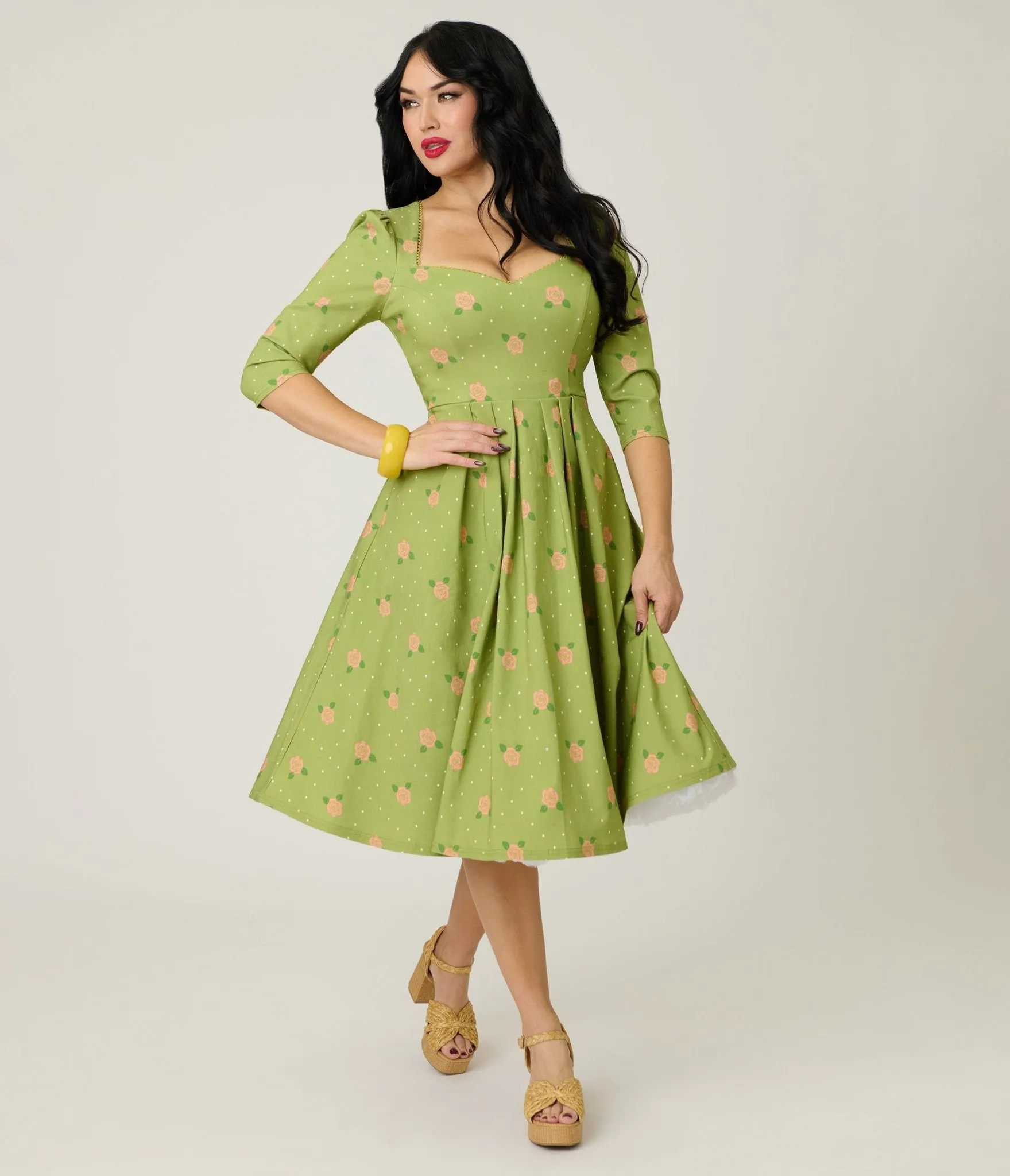 Unique Vintage Chartreuse & Pink Rose Sweetheart Swing Dress sold by Unique Vintage product image thumbnail 3