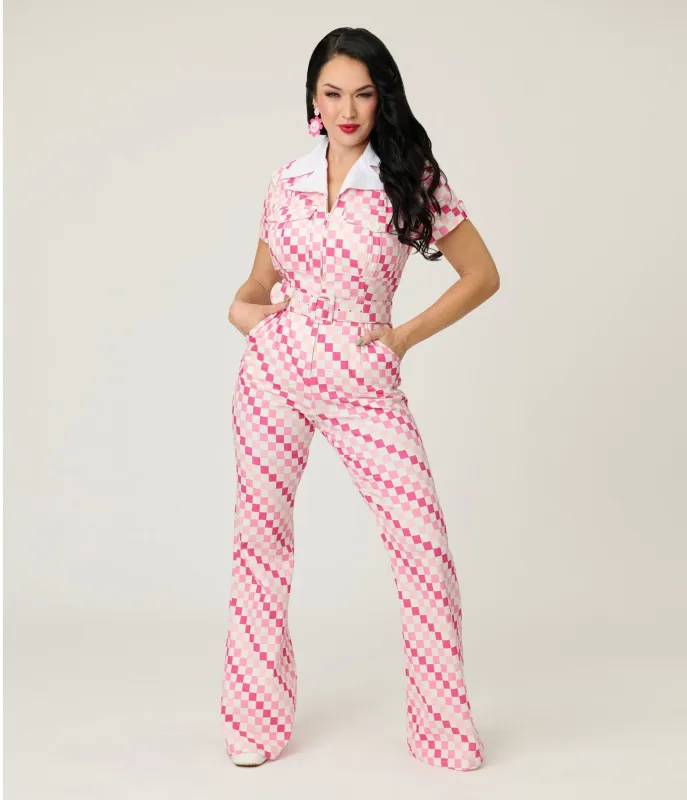 Smak Parlour Pink Checkerboard Flare Jumpsuit sold by Unique Vintage