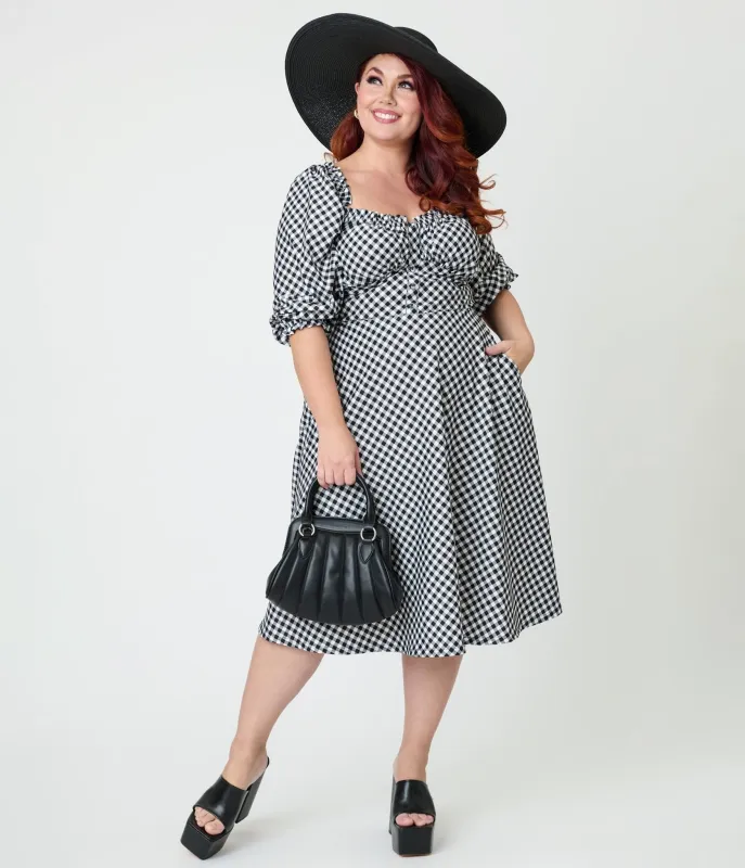 Unique Vintage Plus Size Black & White Gingham Peasant Sleeve Swing Dress sold by Unique Vintage