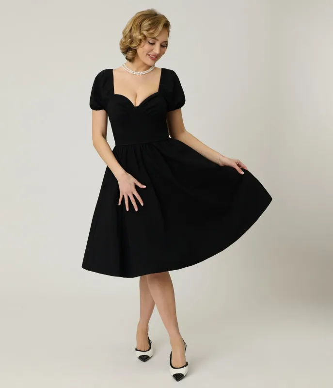 Unique Vintage Black Sweetheart Puff Sleeve Swing Dress sold by Unique Vintage