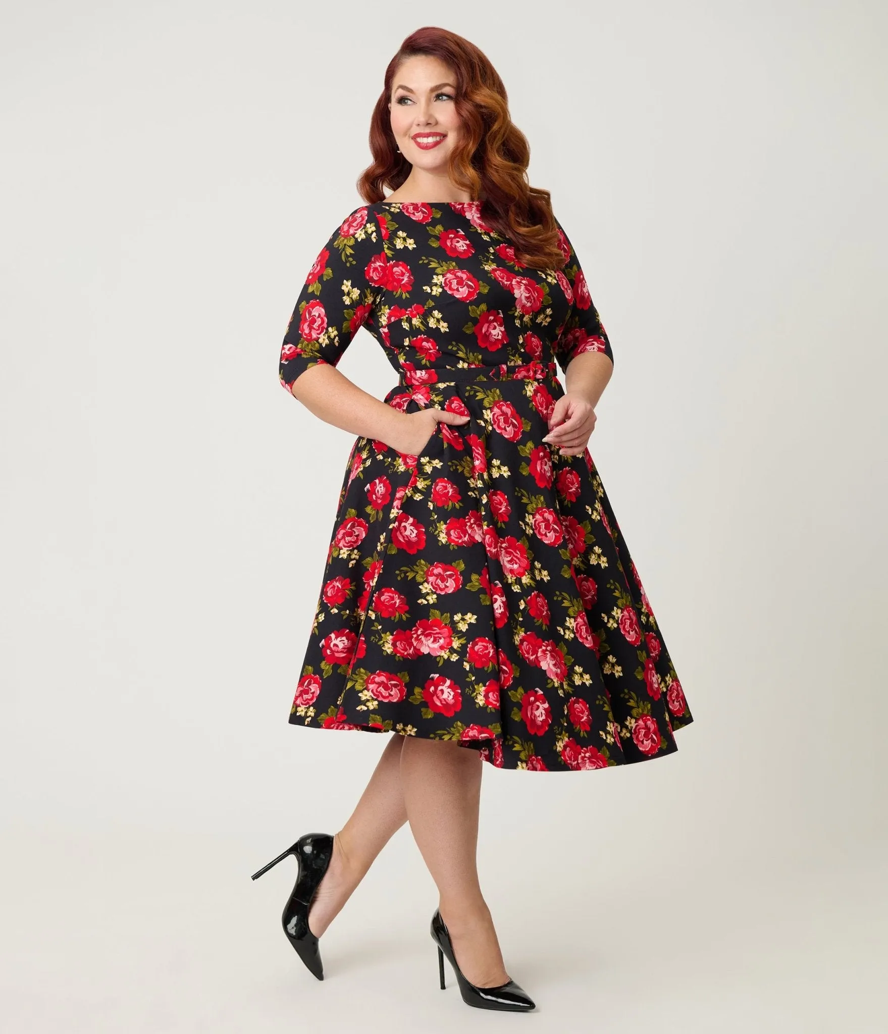 Unique Vintage Plus Size Black & Red Cabbage Rose Devon Swing Dress sold by Unique Vintage product image thumbnail 3