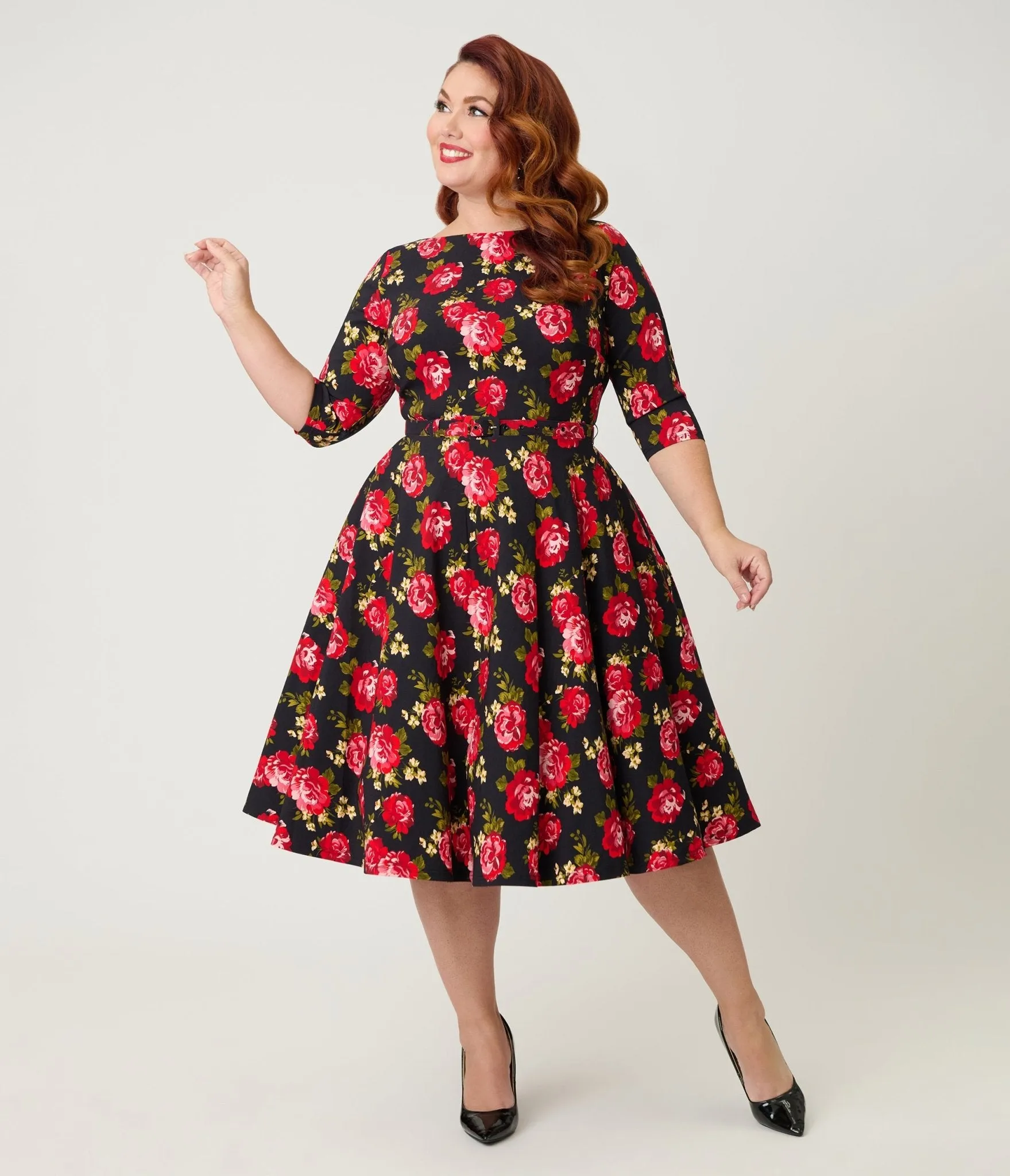 Unique Vintage Plus Size Black & Red Cabbage Rose Devon Swing Dress sold by Unique Vintage product image thumbnail 4