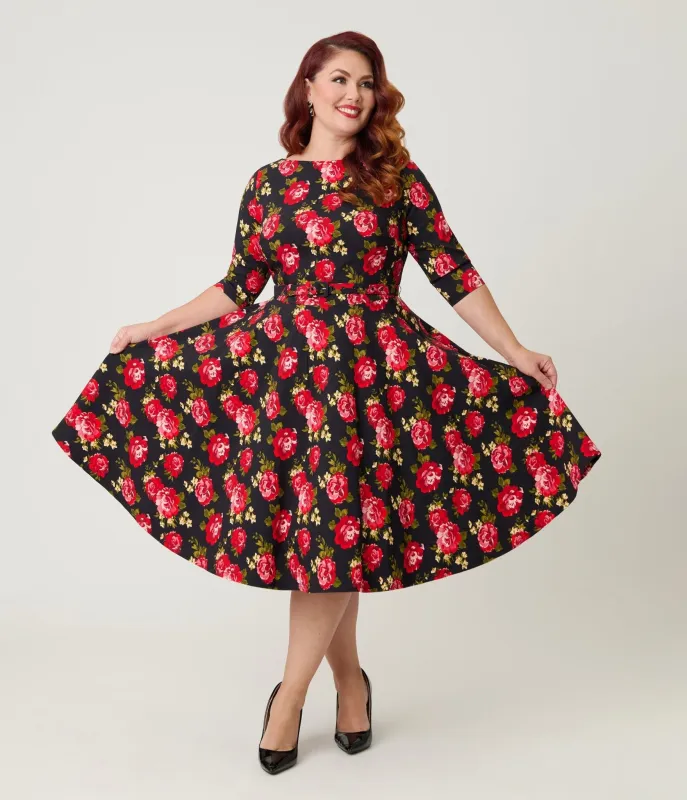 Unique Vintage Plus Size Black & Red Cabbage Rose Devon Swing Dress sold by Unique Vintage