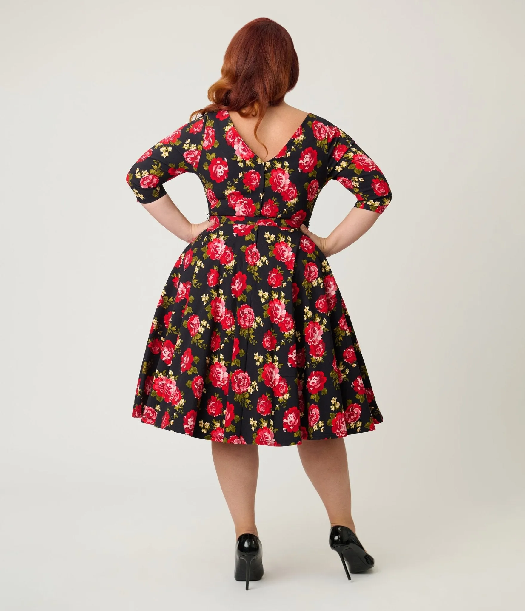 Unique Vintage Plus Size Black & Red Cabbage Rose Devon Swing Dress sold by Unique Vintage product image thumbnail 2