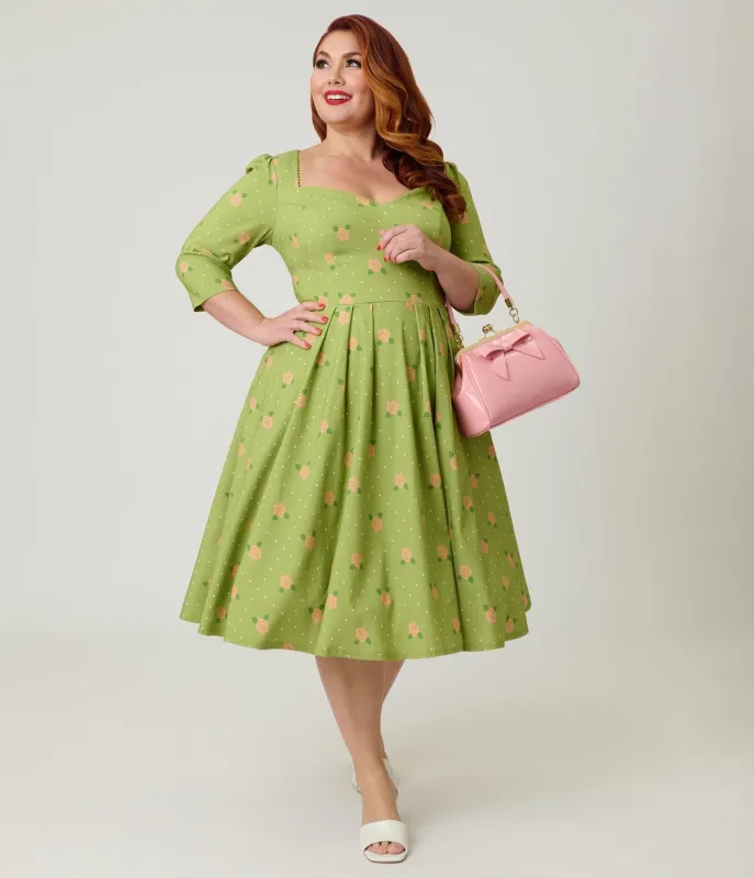 Unique Vintage Plus Size Chartreuse & Pink Rose Sweetheart Swing Dress sold by Unique Vintage