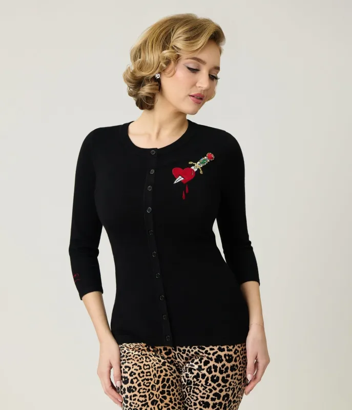 Elvira x Unique Vintage Black Heart Dagger Cardigan made by Unique Vintage