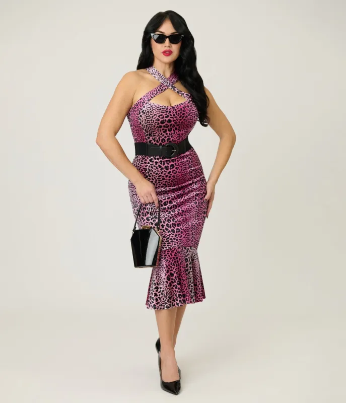 Elvira x Unique Vintage Pink Leopard Signature Velvet Pencil Dress sold by Unique Vintage
