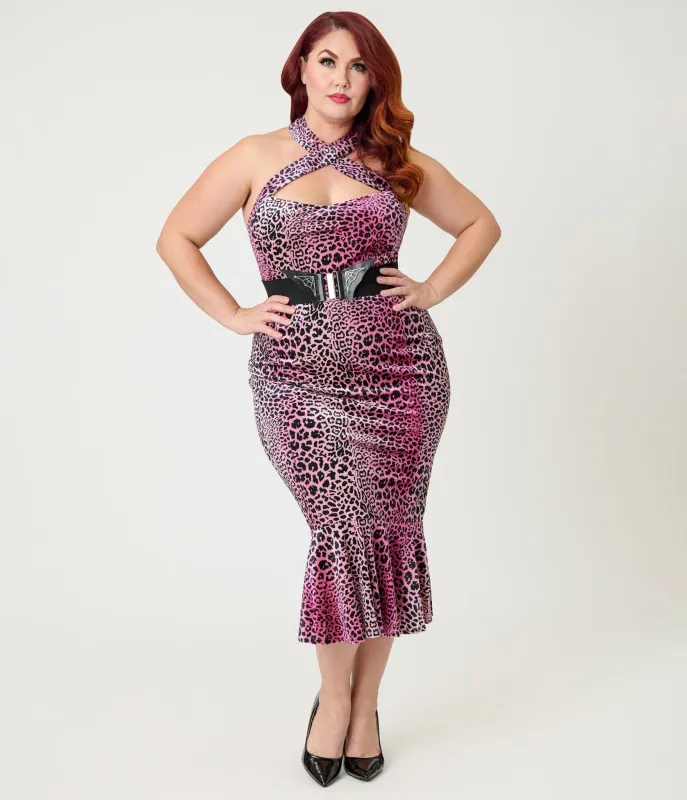 Elvira x Unique Vintage Plus Size Pink Leopard Signature Velvet Pencil Dress sold by Unique Vintage