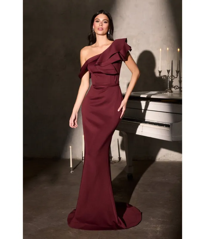 LaDivine by Cinderella Divine Burgundy Ruffled Neckline Fitted Scuba Neoprene Gown sold by Unique Vintage