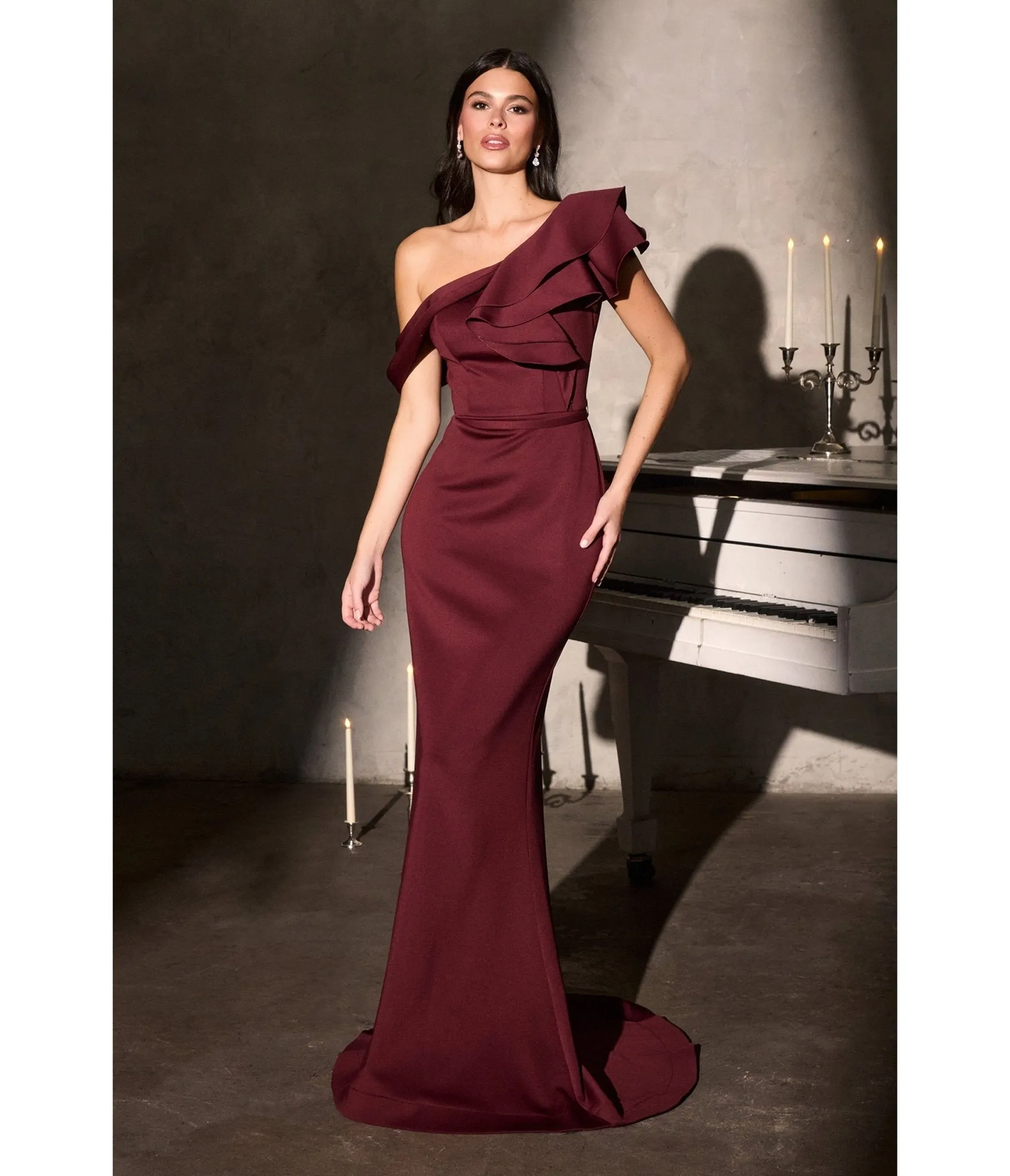 LaDivine by Cinderella Divine Burgundy Ruffled Neckline Fitted Scuba Neoprene Gown sold by Unique Vintage